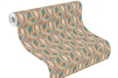746525 cikkszámú tapéta.3d hatású,geometriai mintás,textil hatású,bézs-drapp,narancs-terrakotta,türkiz,zöld,lemosható,vlies tapéta